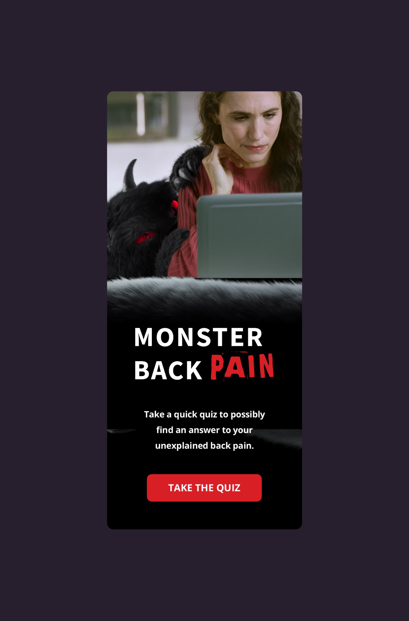 Woman on laptop with back pain monster for an online quiz