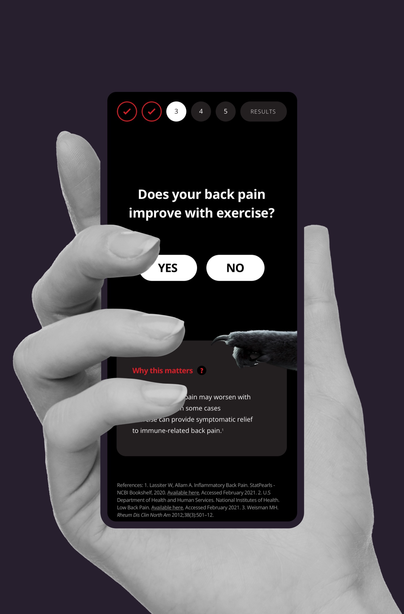 User interacting with back pain survey on a smartphone