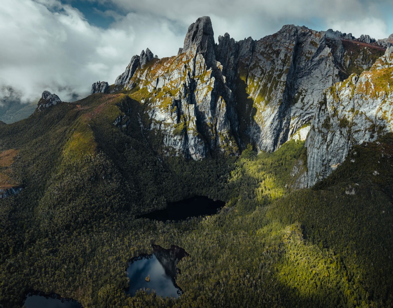 Aerial view of a mountain range in Tasmania