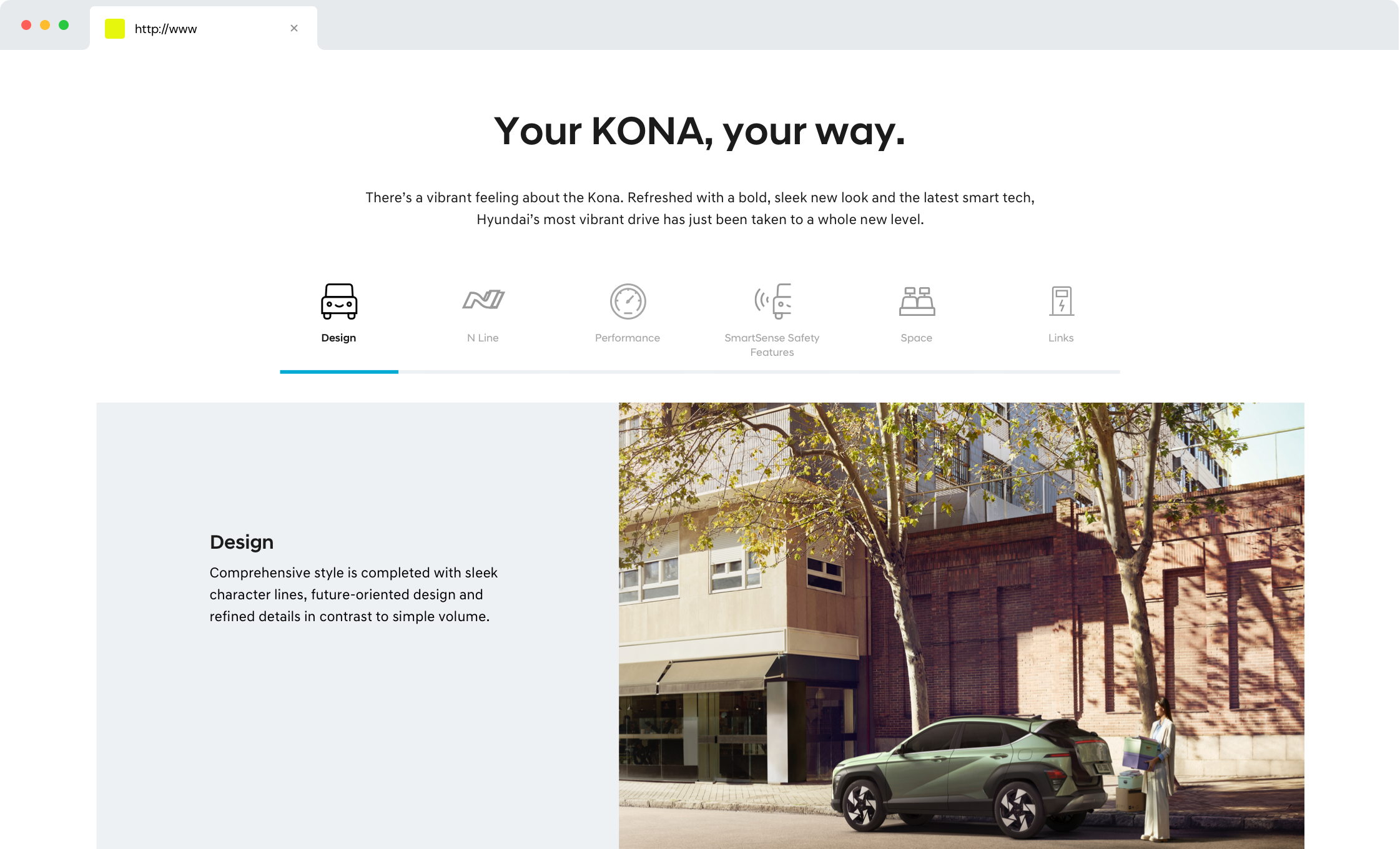 Web page design for Hyundai KONA with design and safety features