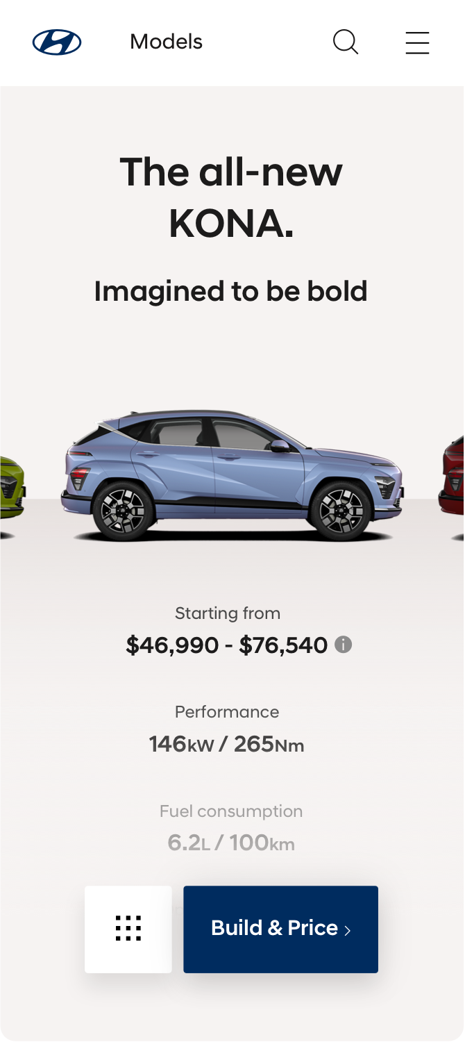 Mobile screen showing Hyundai KONA information with pricing