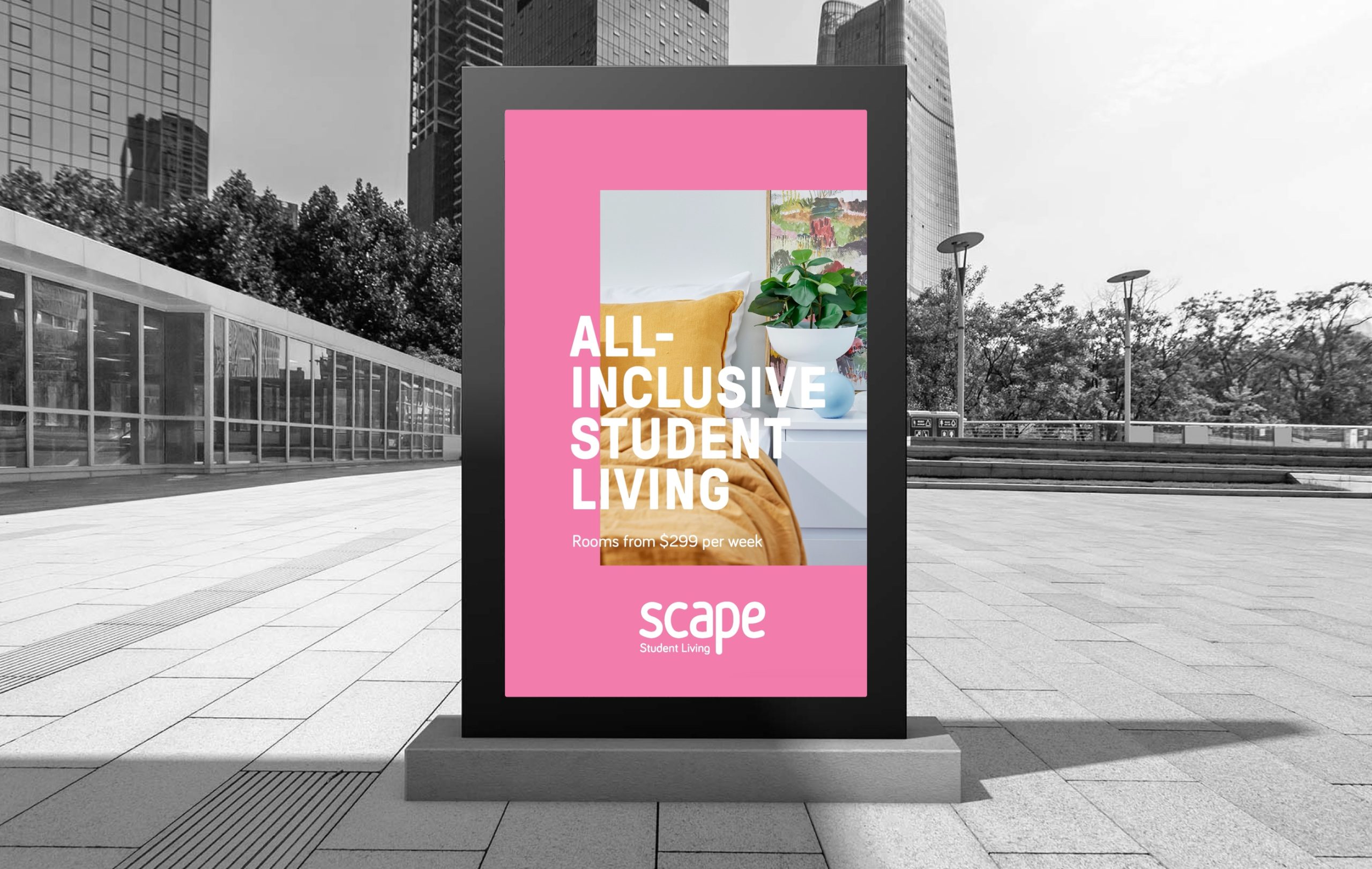 Billboard with happy students and 'scape' branding