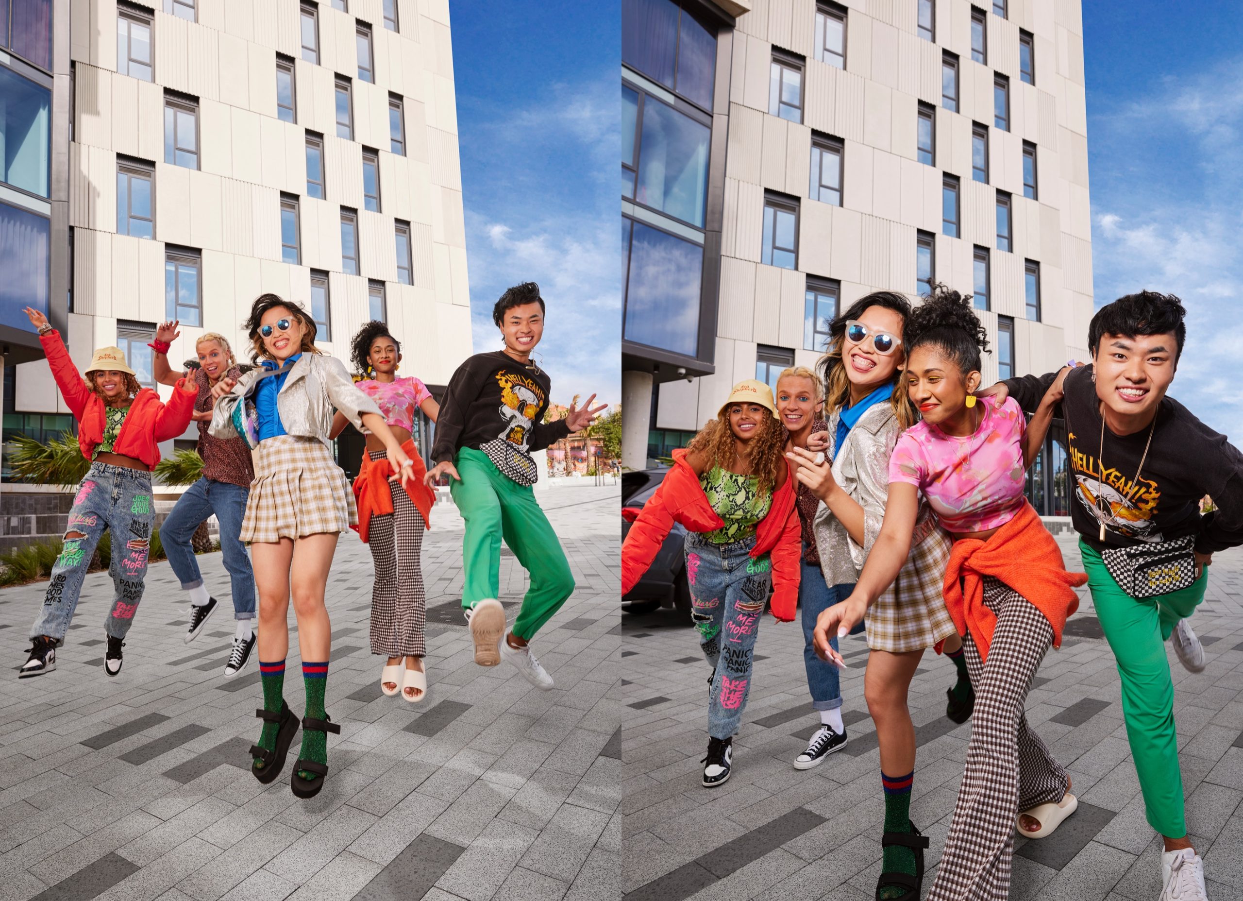 Energetic young and colorful people in front of the building