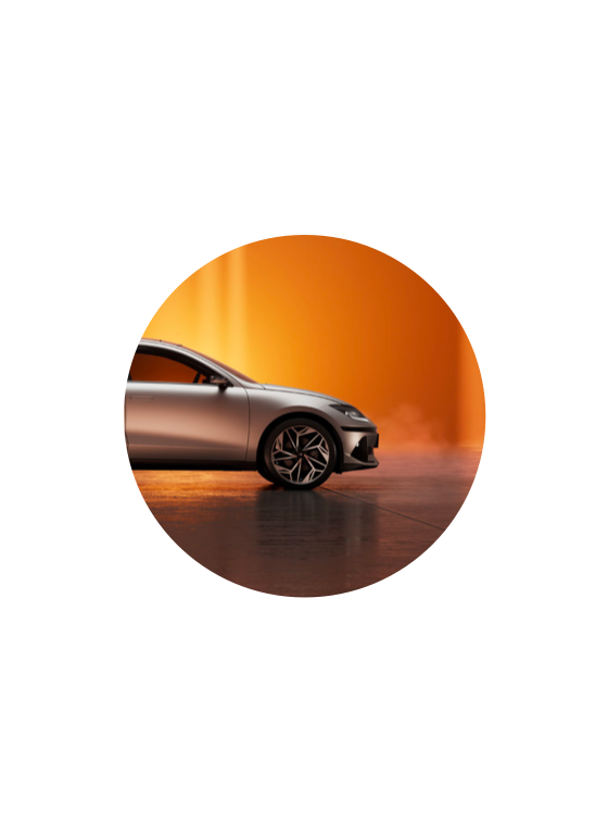 A circle image shows the front half of a car showcased in an orange background