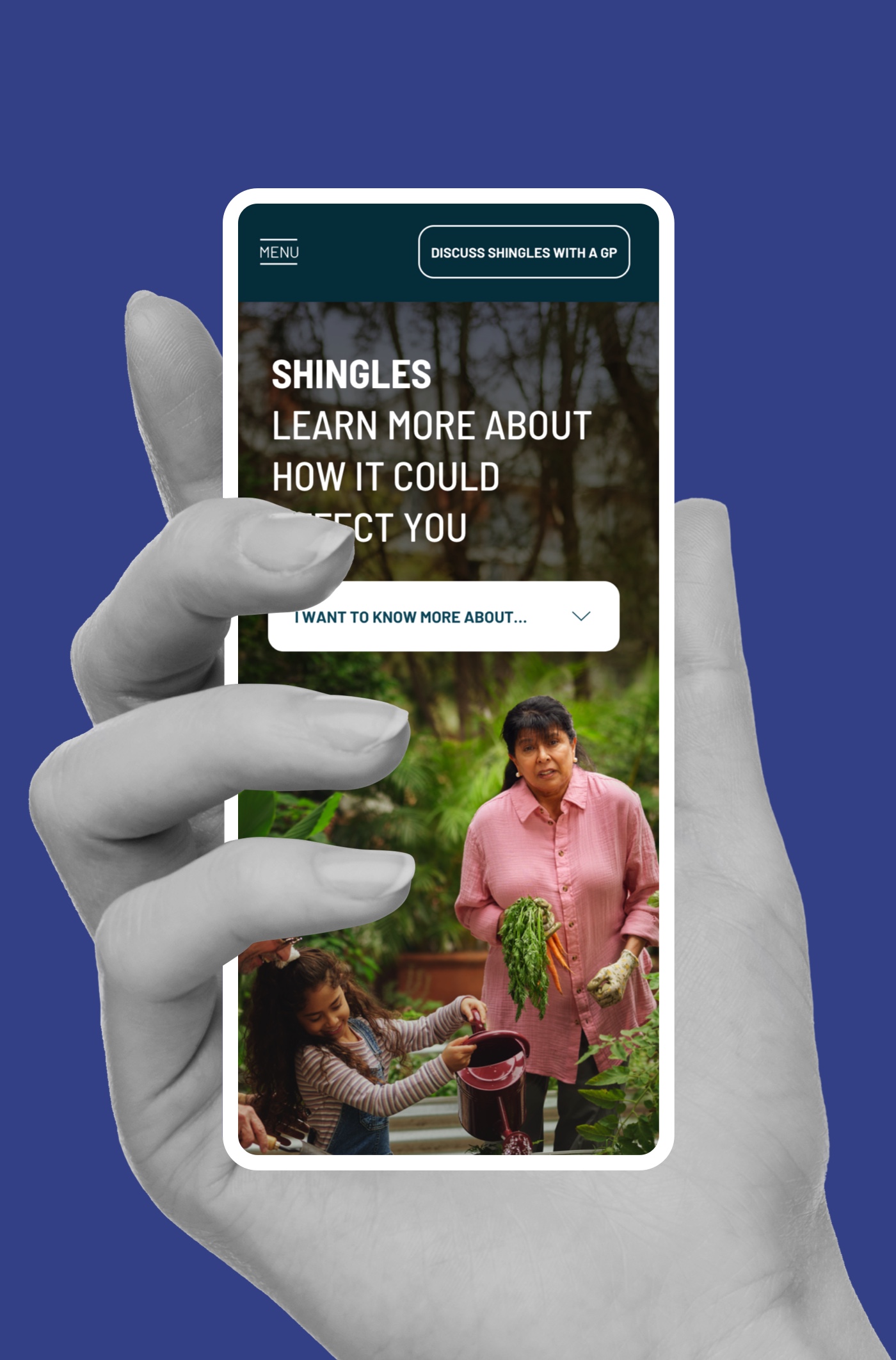Hand-holding mobile screen with shingles information against a blue backdrop.